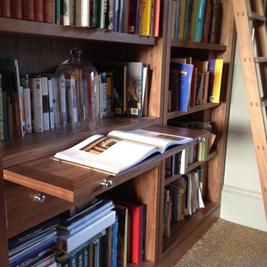 Polished Walnut Pull Out Reading Shelf and Library Ladder